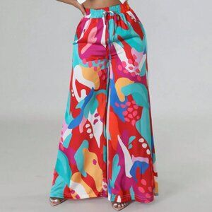 Women’s Plus 2XL Vibrant Wide Leg Pattern Casual Drawstring Pants Blue Pink Soft